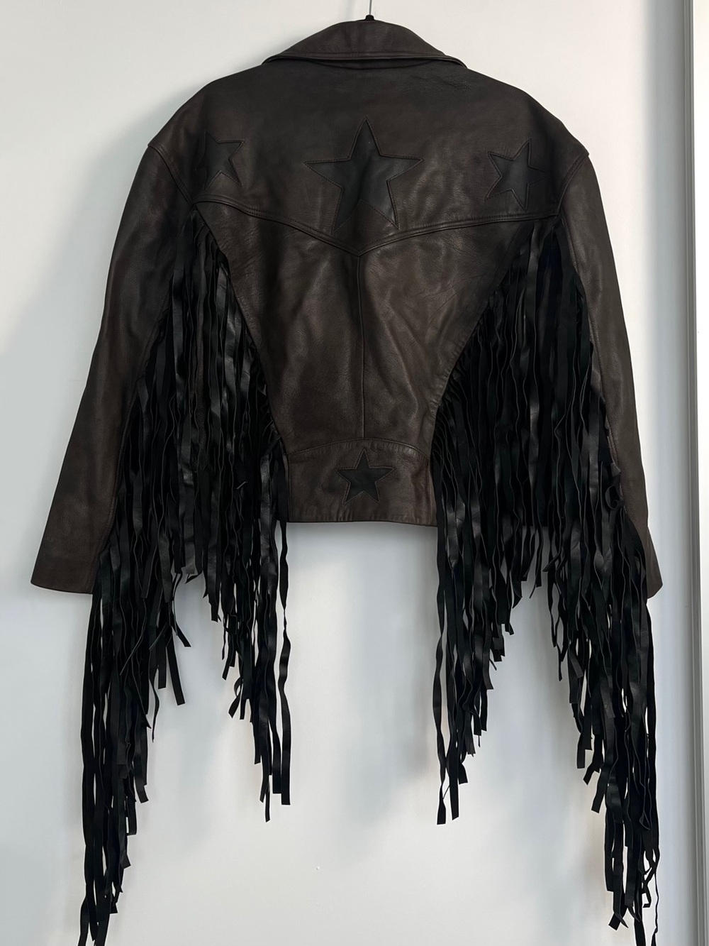 Nasty Gal Brown Leather Fringe Moto Jacket with Black Star - Picture 2 of 13